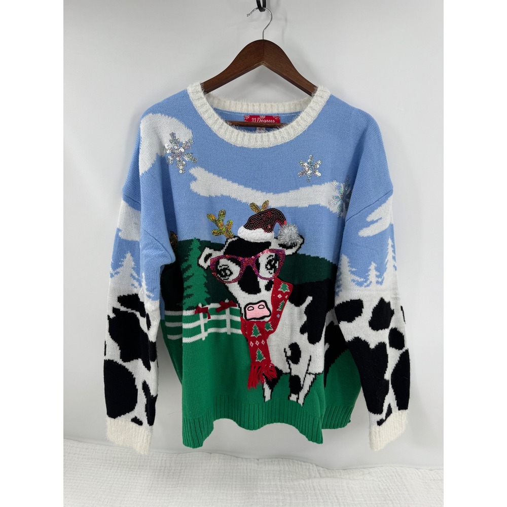 33 Degrees Ugly Christmas Sweater XL Blue Cow Farm Print Sequin 3D Scarf Holiday